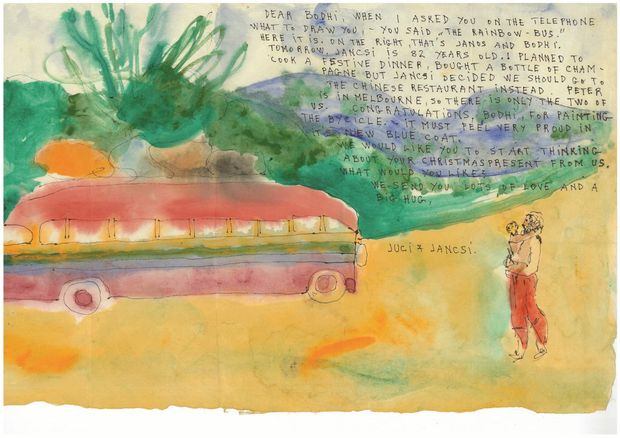 Judy Cassab, Dear Bodhi, when I asked you on the telephone 1986, watercolour and ink on paper, 44.5 x 28cm, Judy Cassab. Licensed by Viscopy, 2015.